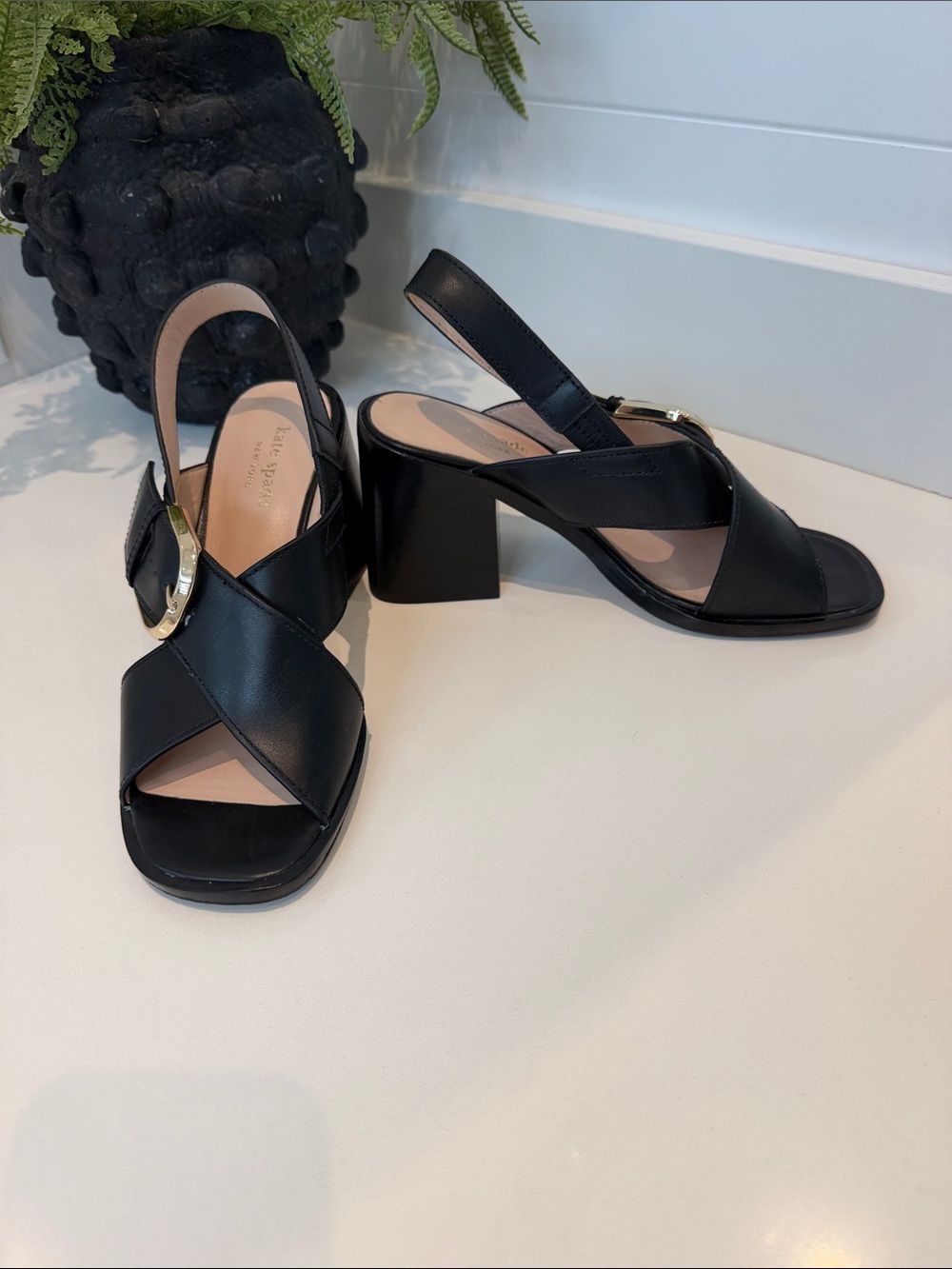 kate spade Black Leather Crisscross Slingback Block Heels . Wore once.